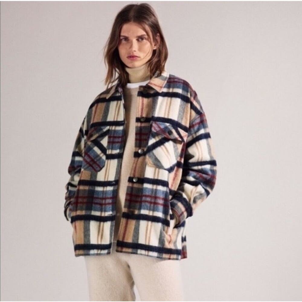 Zara Plaid Long sleeve shacket wool blend button up womens size xs